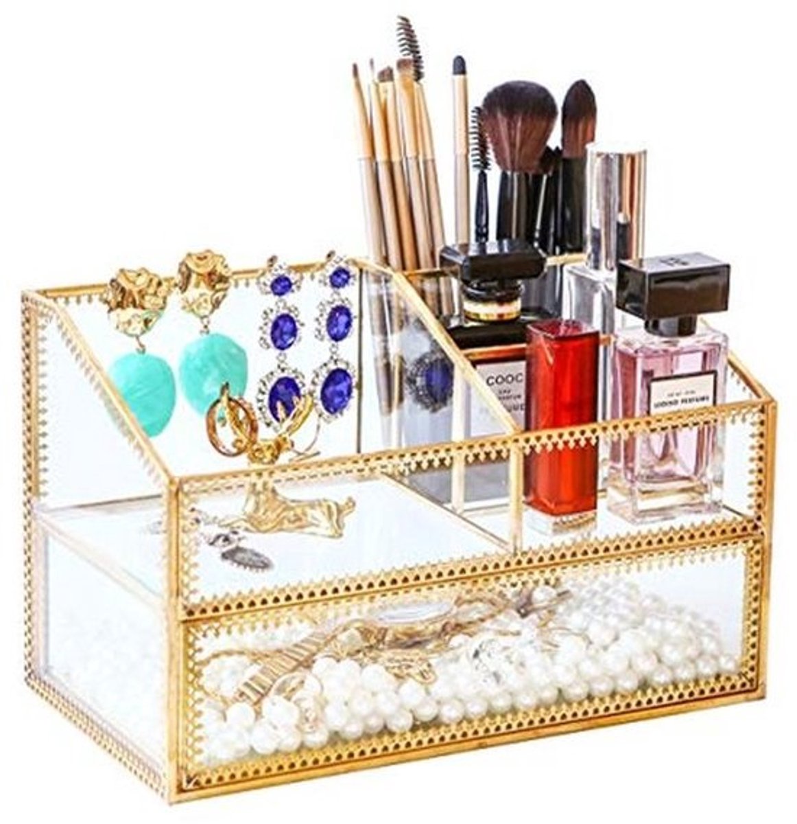 Gouden Glazen Make-up Organizer en Display Tray voor Dresser