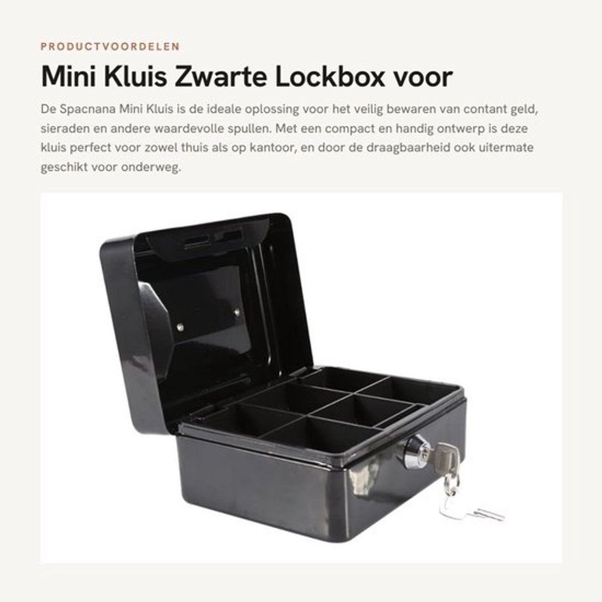 Kleine geldcassette met toetsvergrendeling, afsluitbare veiligheidskoffer met 2 sleutels, 6 compartimenten, 15 x 12 x 7,5 cm, zwart