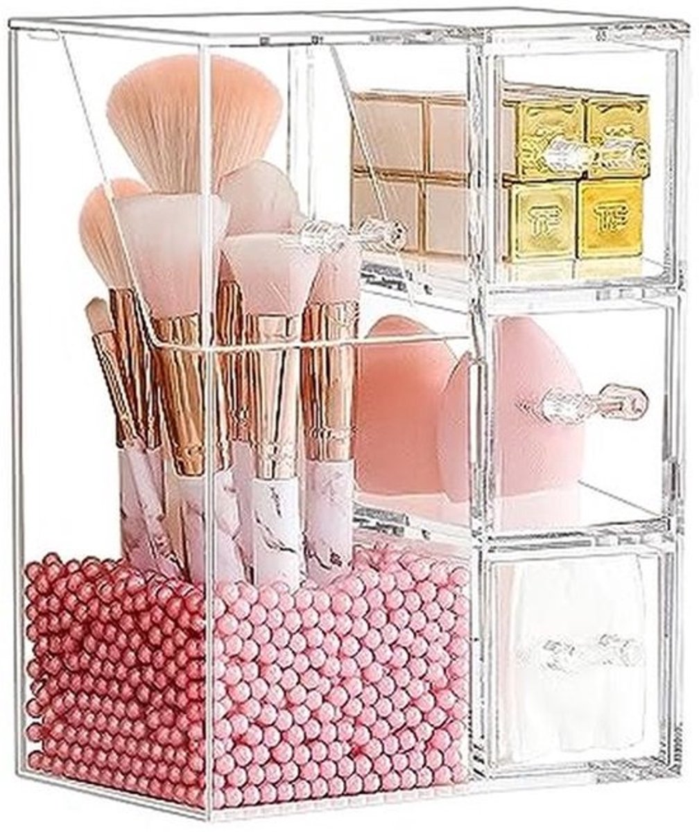Make-up Borstel Organizer en Opslag Beker - Transparant met Roze Parel