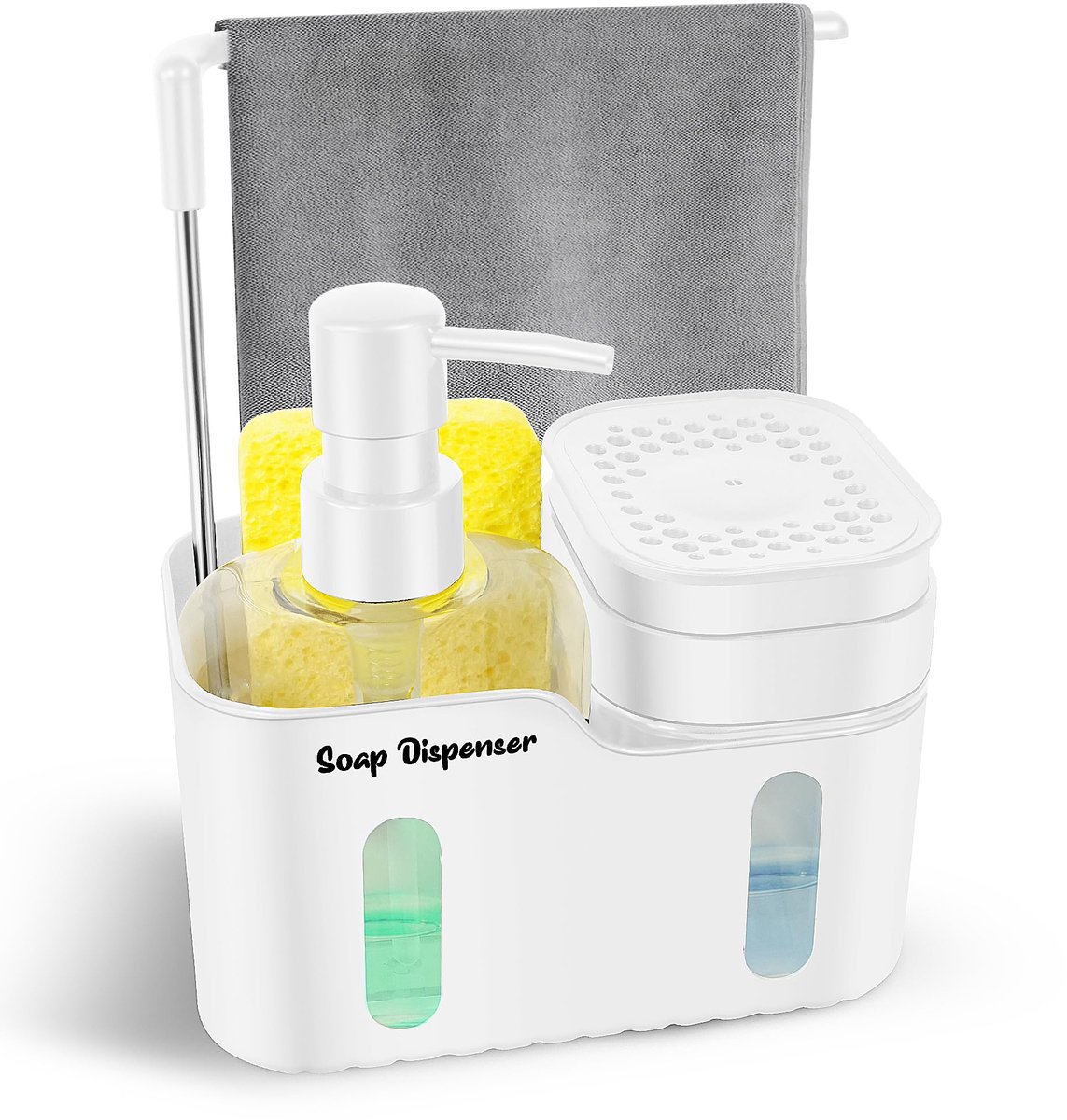 4-in-1 Afwasorganizer - Met Dubbele Zeepdispenser voor Handzeep & Afwasmiddel, Sponshouder, Borstelhouder & Vaatdoekhaak - Afneembaar & Antislip voor de Keuken - Wit