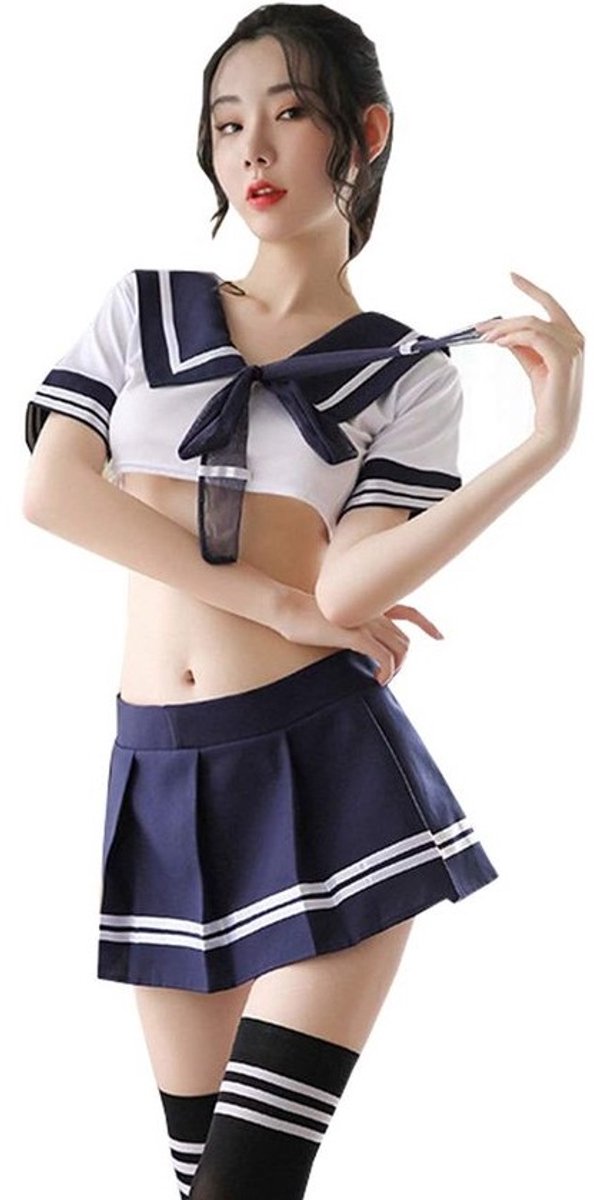 Seksuele Schoolmeisje Cosplay Set met Strik Top, Minirok en Kousen