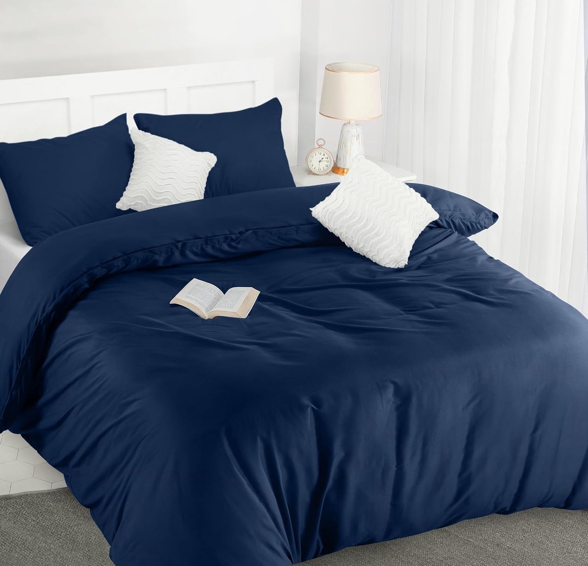 Dekbedovertrek 200x200 cm met 2 Kussenslopen 50x75 cm, Zacht Microvezel Beddengoed, Met Rits, Ademend, Marineblauw