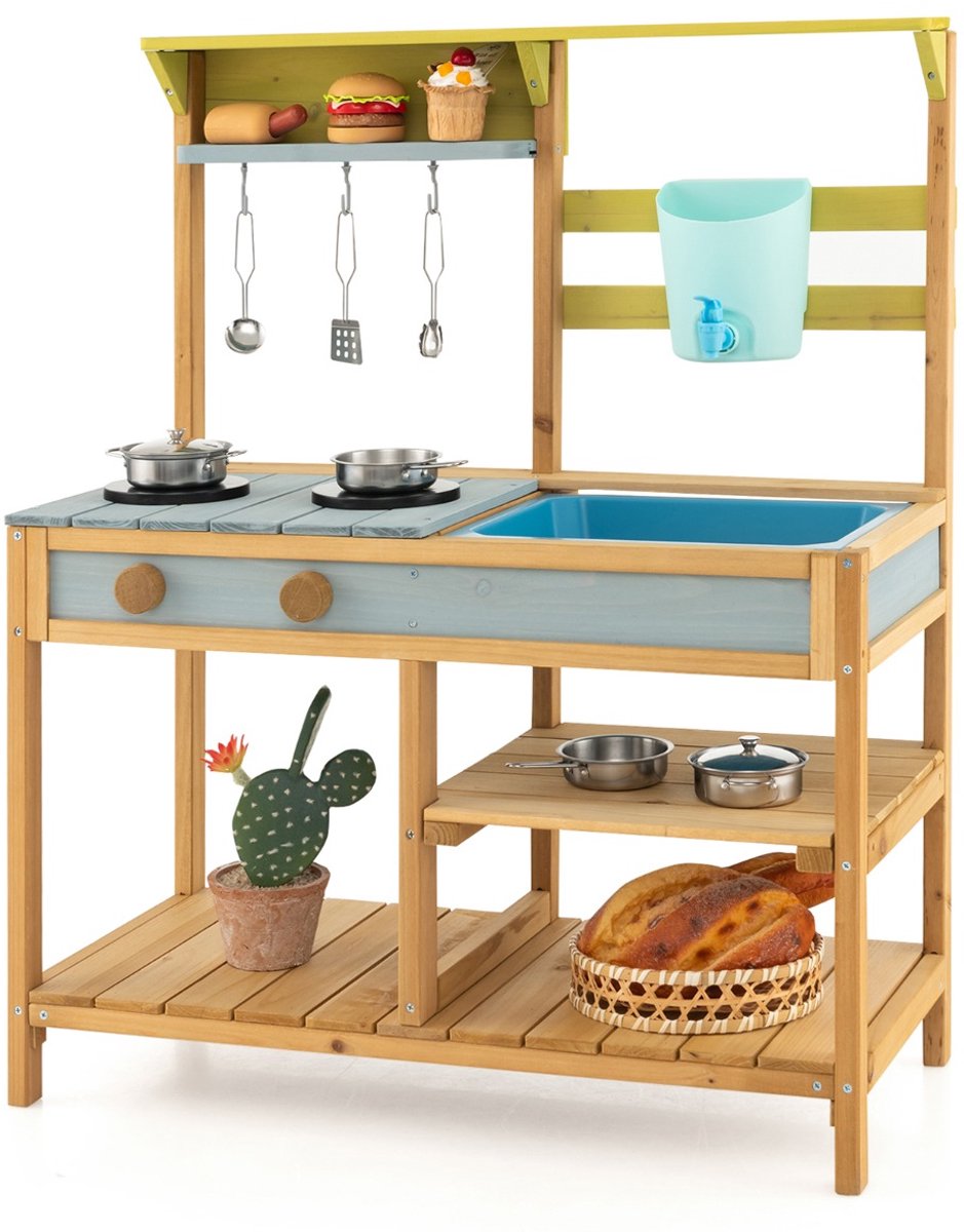 SureDeal® - Rollenspell - Kindermodderkeuken - Waterfunctie Haken - Afneembare Plank Houten - 75x35x92 cm - Naturel