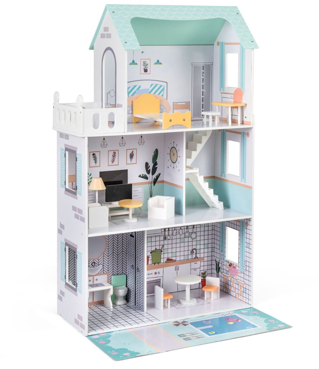 SureDeal® - Rollenspell - Houten Poppenhuis Poppenhuis - Kinderen - Delige Meubelset - 74,5x34x120,5 cm - Groen