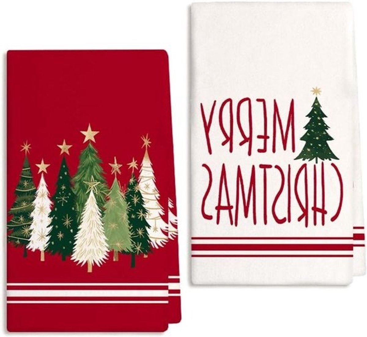 Kerst Theedoeken - Keukenhanddoeken Kerstboom - Keuken Decoratie - Set van 2 - 18 x 26 inch - Rood
