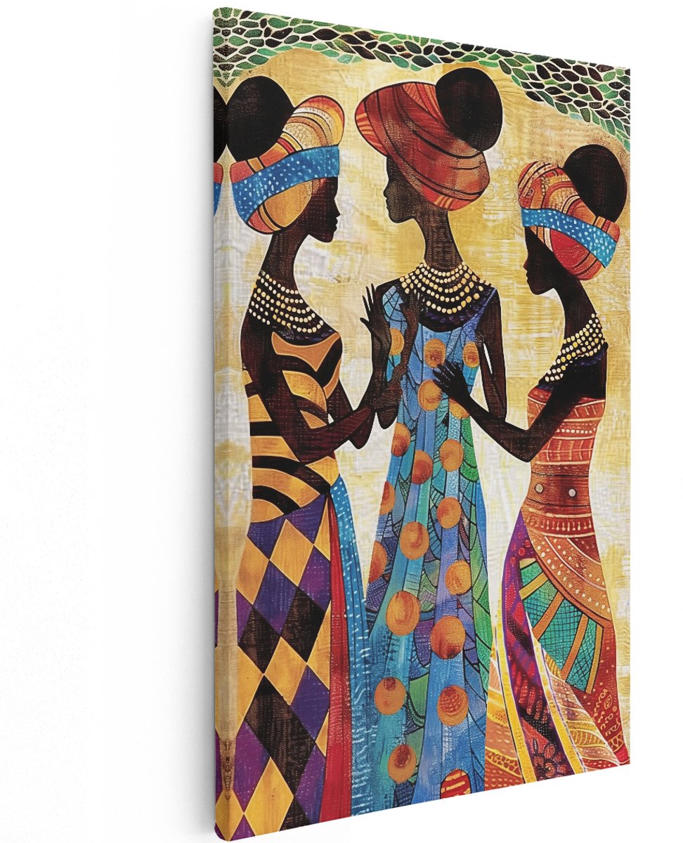 Artaza Canvas Schilderij Drie Afrikaanse Vrouwen in Kleurrijke Outfits - 120x180 cm - Groot - Wanddecoratie Woonkamer - Schilderijen - Muurdecoratie