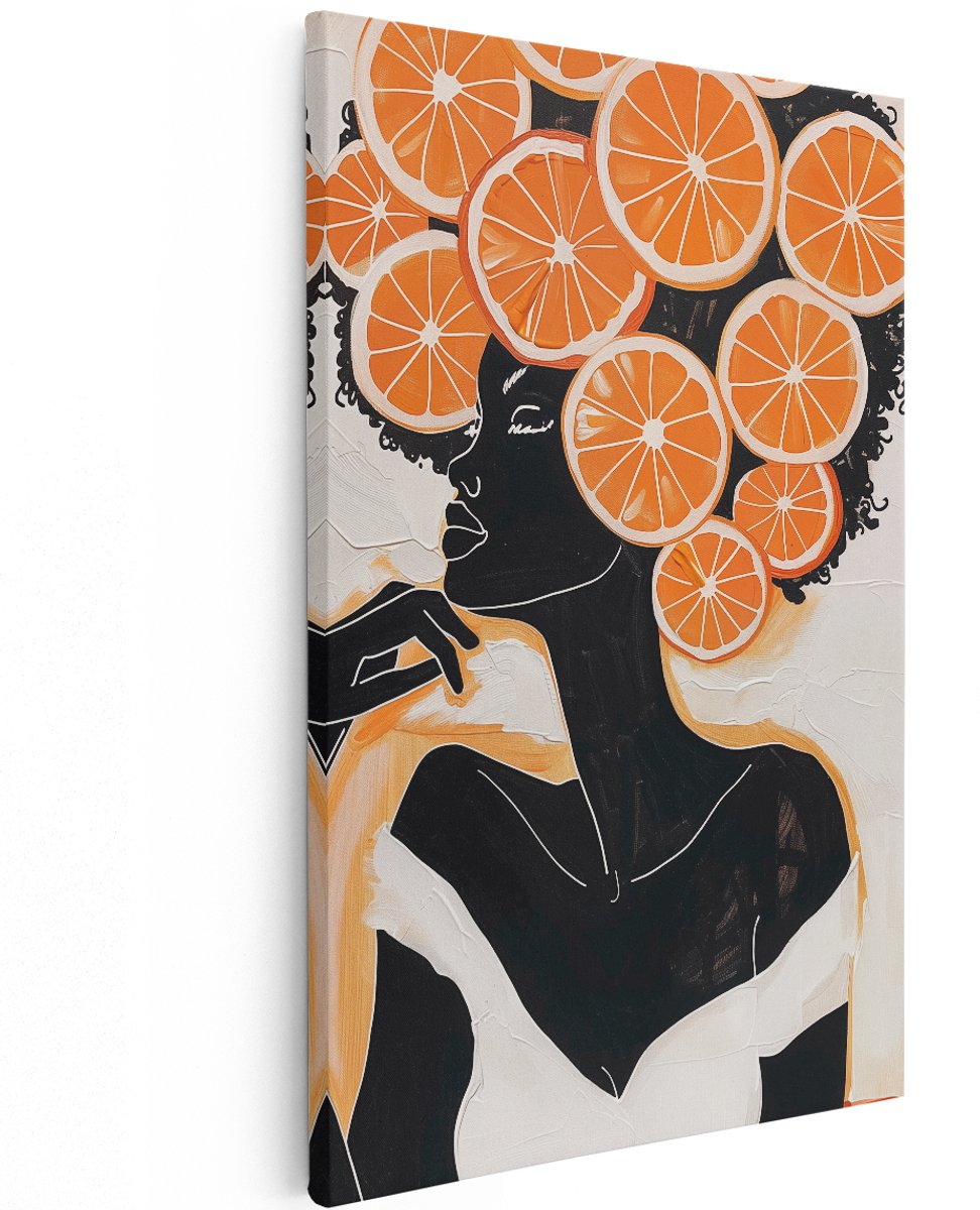 Artaza Canvas Schilderij Vrouw met Sinaasappelschijfjes op haar Hoofd - 120x180 cm - Groot - Wanddecoratie Woonkamer - Schilderijen - Muurdecoratie