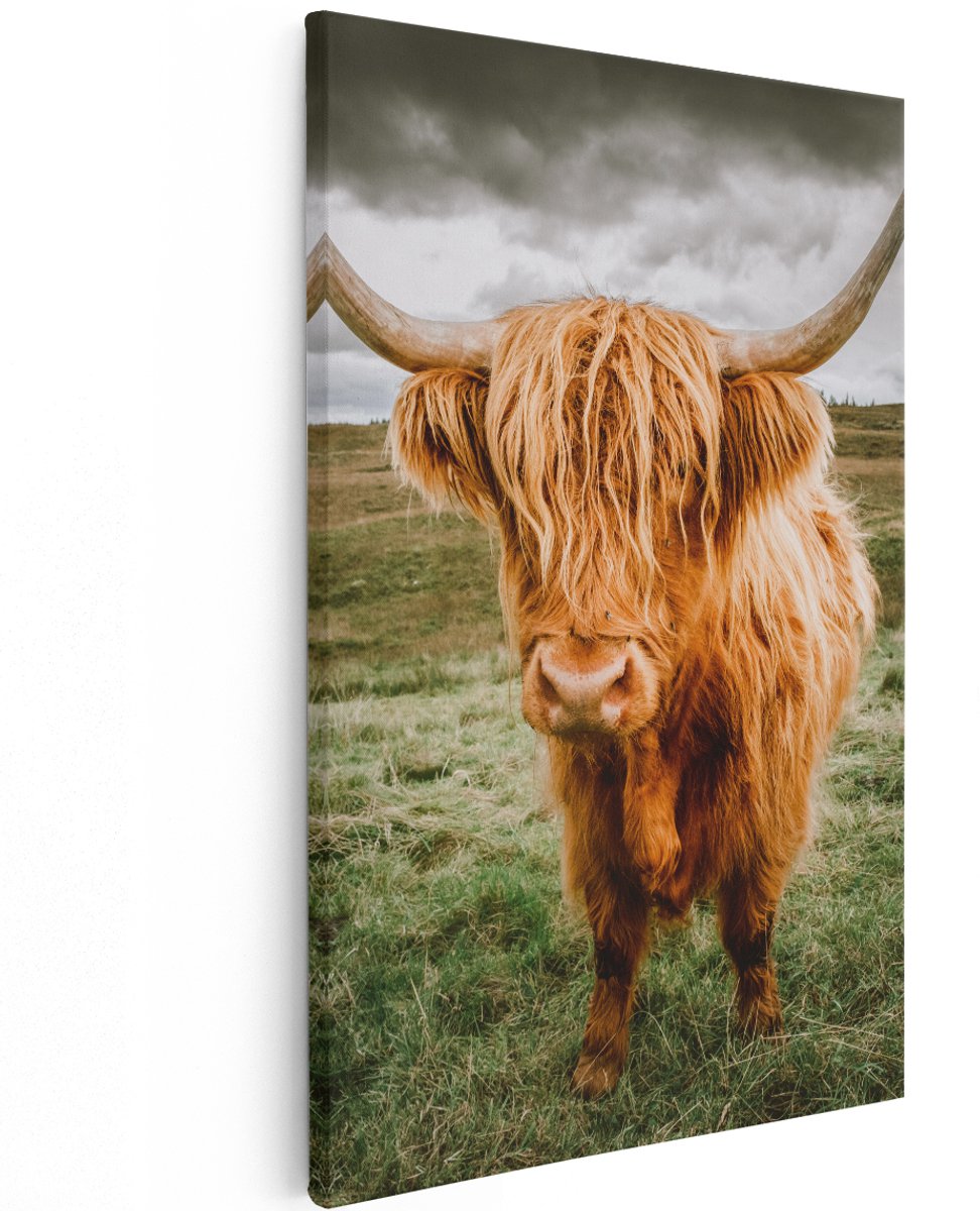Artaza Canvas Schilderij Schotse Hooglanders In De Wei - Kleur - 120x180 cm - Groot - Wanddecoratie Woonkamer - Schilderijen - Muurdecoratie