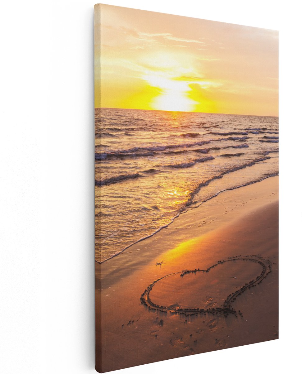 Artaza Canvas Schilderij Zonsondergang Op Het Strand Met Een Hartje - 120x180 cm - Groot - Wanddecoratie Woonkamer - Schilderijen - Muurdecoratie