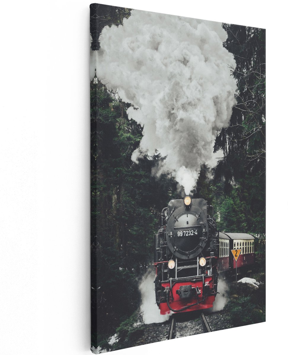 Artaza Canvas Schilderij Locomotief in de Bossen met Stoom Wolken - 120x180 cm - Groot - Wanddecoratie Woonkamer - Schilderijen - Muurdecoratie