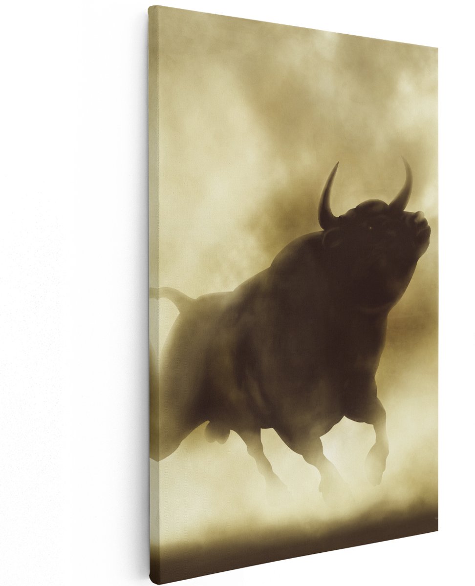 Artaza Canvas Schilderij Zwarte Stier In Het Stoffige Rook - 120x180 cm - Groot - Wanddecoratie Woonkamer - Schilderijen - Muurdecoratie