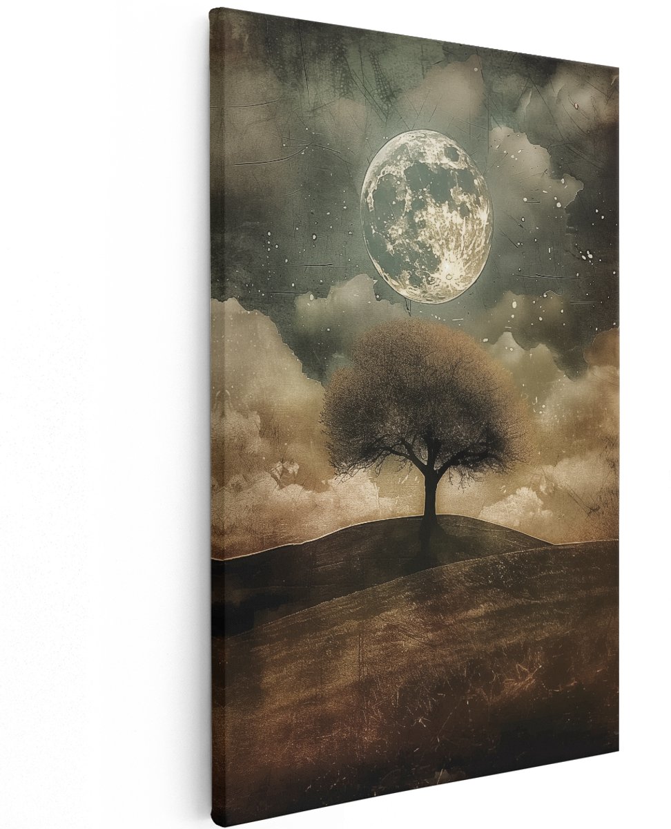 Artaza Canvas Schilderij Eenzame Boom op een Heuvel met Volle Maan - 120x180 cm - Groot - Wanddecoratie Woonkamer - Schilderijen - Muurdecoratie