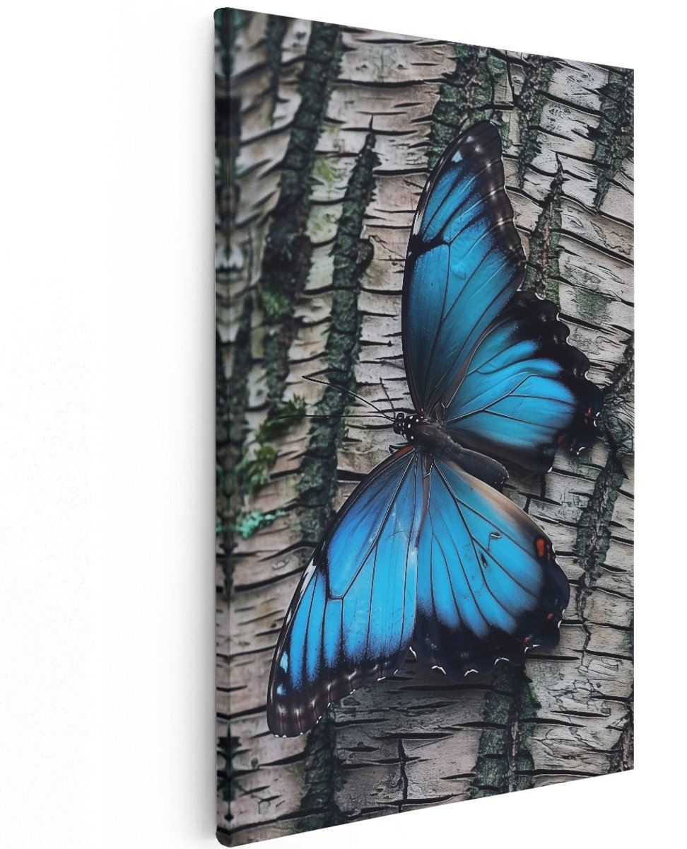 Artaza Canvas Schilderij Blauwe Vlinder op Boomschors - Dieren - 120x180 cm - Groot - Wanddecoratie Woonkamer - Schilderijen - Muurdecoratie