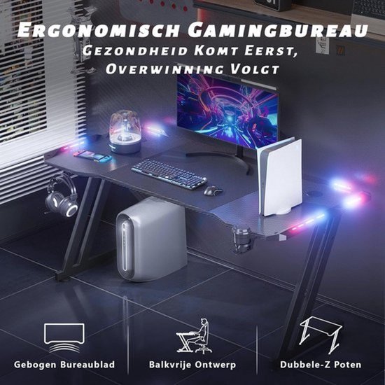Gaming Bureau 120 x 60cm met LED Verlichting, Ergonomische Z-vormige Computertafel voor Studie en Spel, Inclusief Bekerhouder en Hoofdtelefoonhaak, Zwart — afbeelding 3