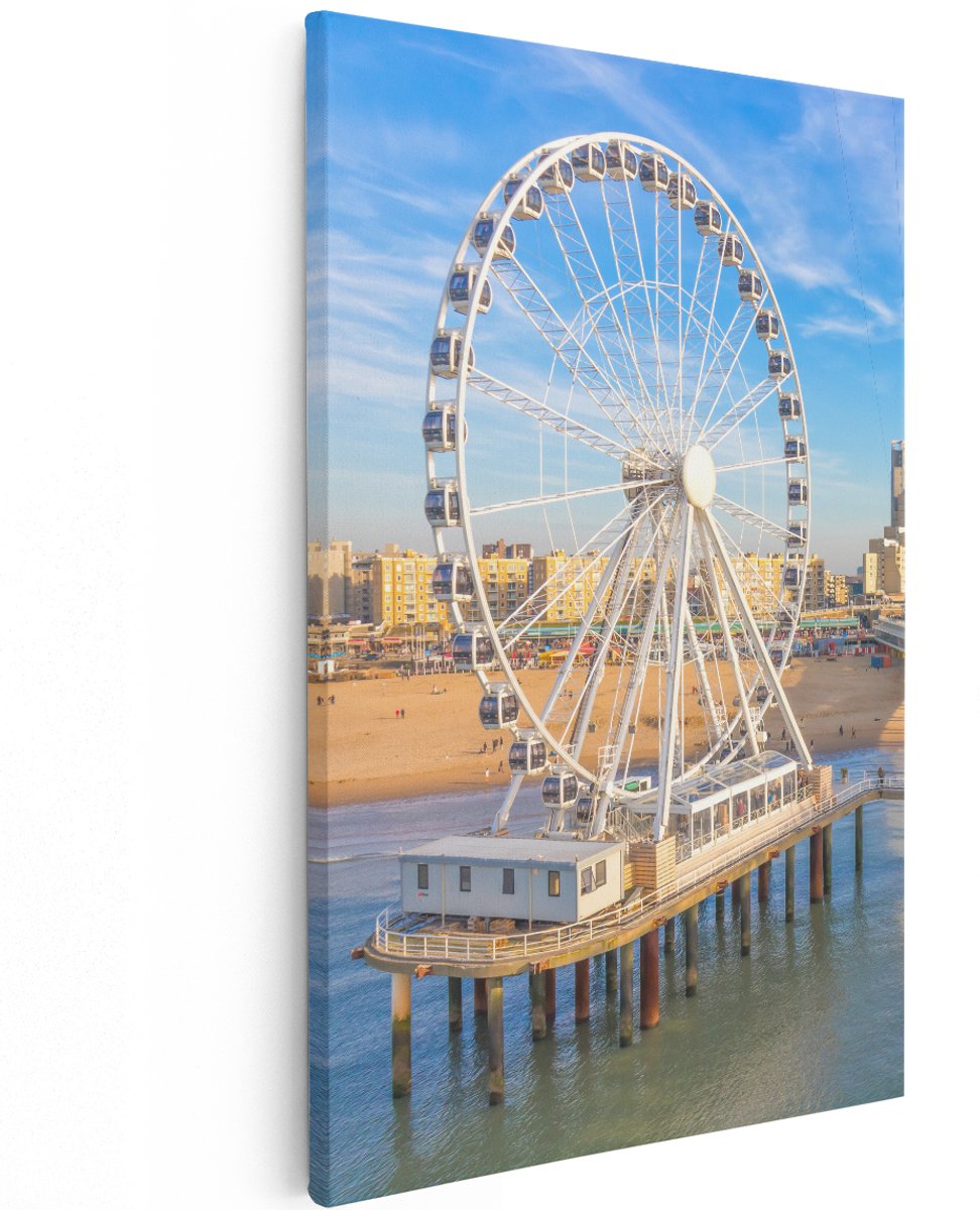 Artaza Canvas Schilderij Scheveningen Pier met de Ferris Wheel - Reuzenrad - 120x180 cm - Groot - Wanddecoratie Woonkamer - Schilderijen - Muurdecoratie