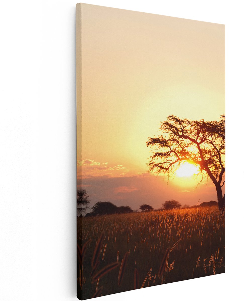 Artaza Canvas Schilderij Zonsondergang Achter Een Acacia Boom - 120x180 cm - Groot - Wanddecoratie Woonkamer - Schilderijen - Muurdecoratie