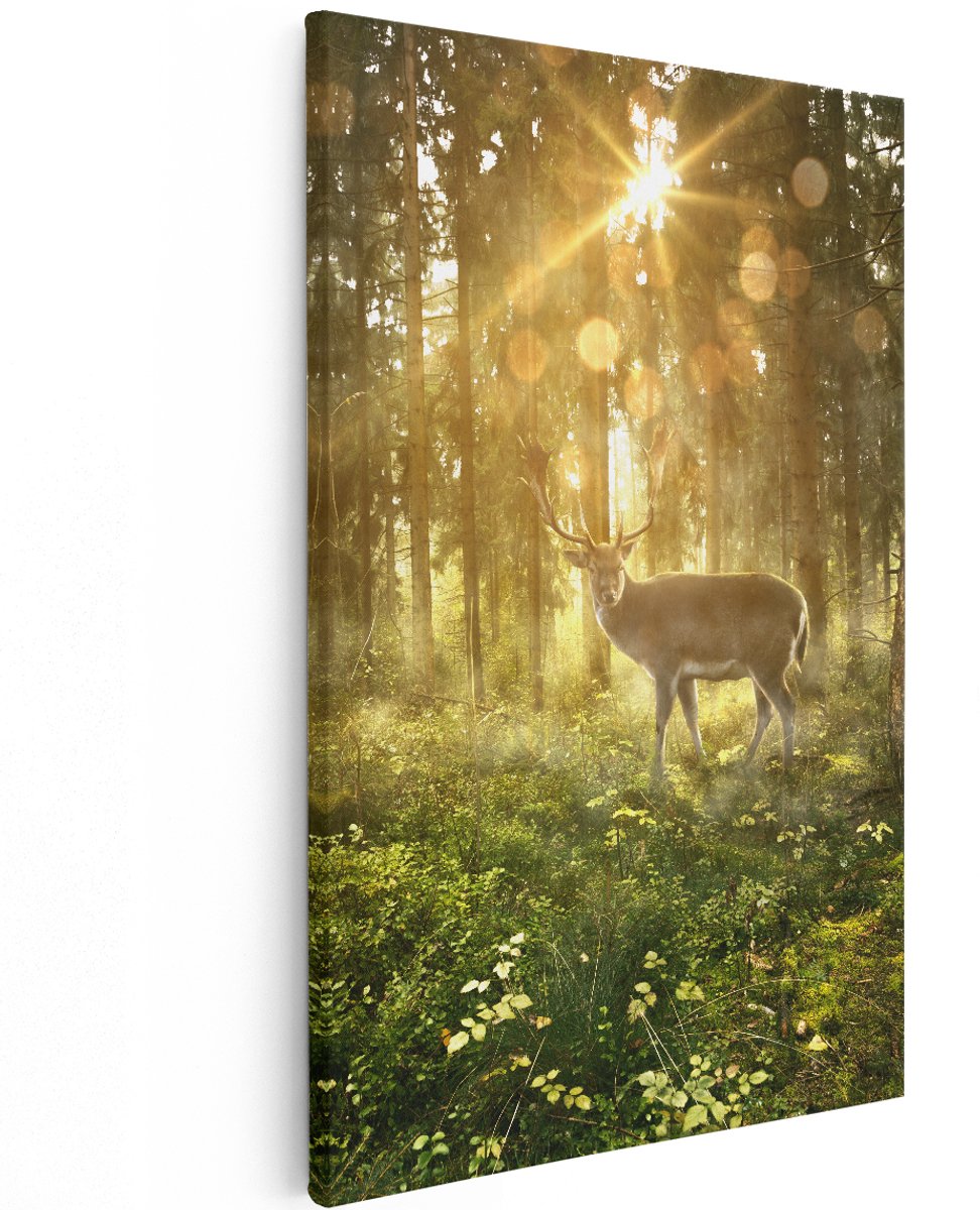 Artaza Canvas Schilderij Hert In Bos Met Zon - 120x180 cm - Groot - Wanddecoratie Woonkamer - Schilderijen - Muurdecoratie