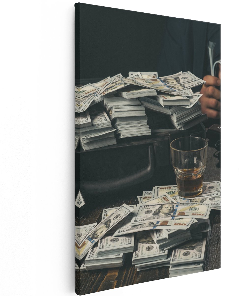 Artaza Canvas Schilderij Dollar Geld Briefjes Op Tafel Van De Maffia - 120x180 cm - Groot - Wanddecoratie Woonkamer - Schilderijen - Muurdecoratie