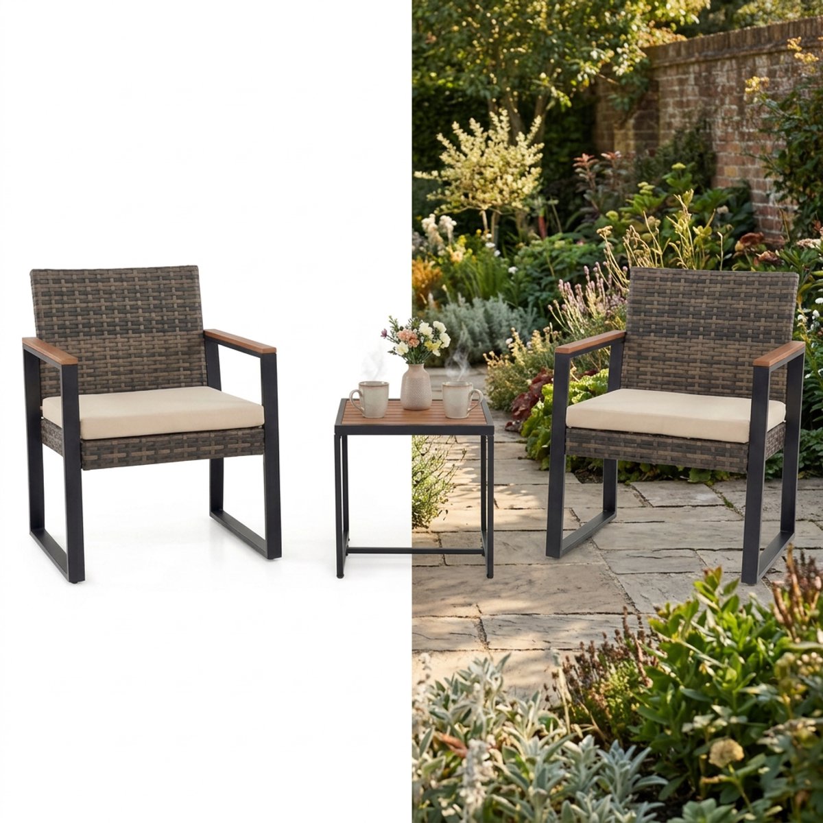 Balkonset 2 personen - Tuinset - Bistroset - Zwart+Beige - Weerbestendig - 3 delig - Tuintafel en 2 stoelen - 2 personen - Metaal