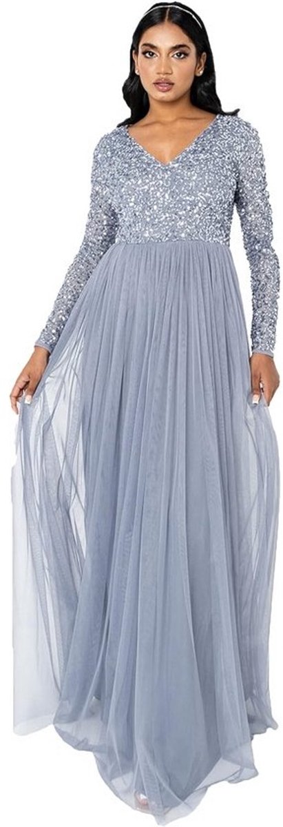 Lange Avondjurk Dames met V-Hals en Empire Taille - Maxi Tulle Jurk voor Bruiloft Gasten of Gala