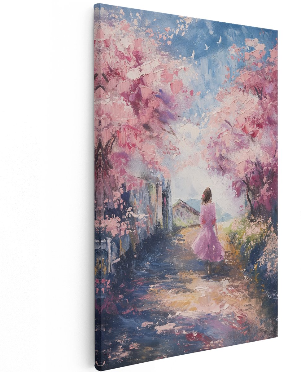 Artaza Canvas Schilderij Vrouw - 120x180 cm - Groot - Wanddecoratie Kersenbloesem - Muurdecoratie Bloemen - Decoratie Lente - Roze