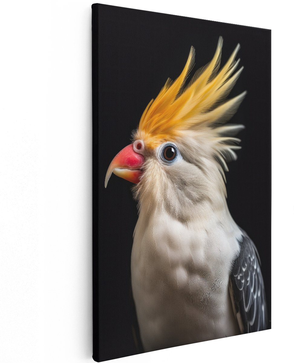 Artaza Canvas Schilderij Valkparkiet - 120x180 cm - Groot - Wanddecoratie Vogels - Muurdecoratie Dieren - Decoratie Gele Kuif - Zwart