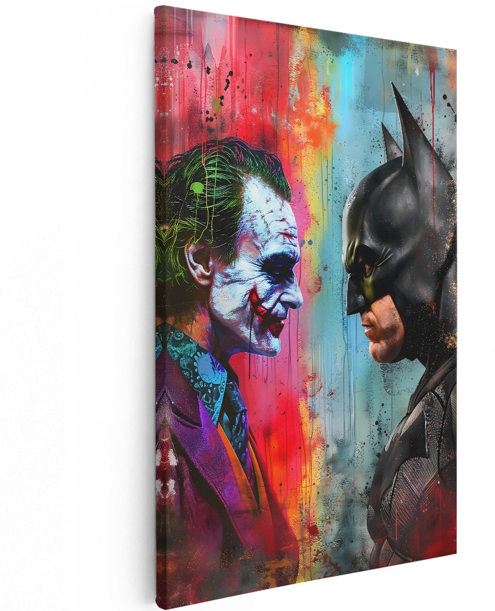 Artaza Canvas Schilderij Joker Vs Batman - 120x180 cm - Groot - Wanddecoratie Pop Art - Muurdecoratie Film - Decoratie Graffiti Schilderij