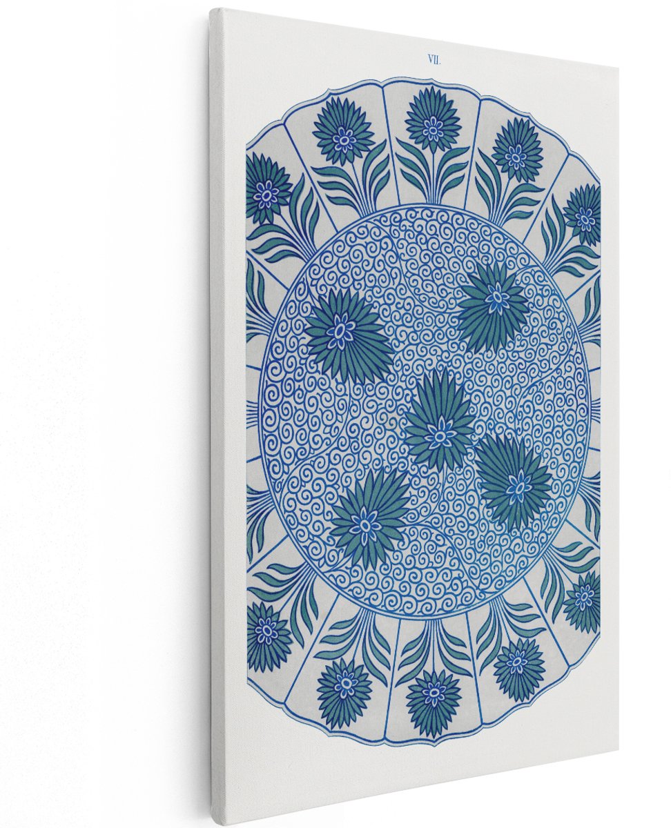 Artaza Canvas Schilderij Bloemenpatroon - 120x180 cm - Groot - Wanddecoratie Mandala - Muurdecoratie Vintage - Decoratie Bloemen Blauw
