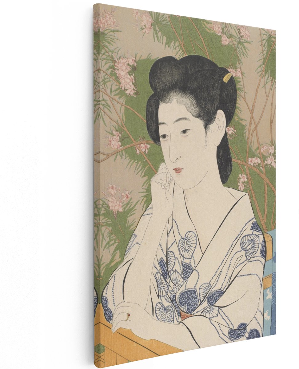 Artaza Canvas Schilderij Vrouw In Kimono - 120x180 cm - Groot - Wanddecoratie Japandi - Muurdecoratie Geisha - Decoratie Kersenbloesem