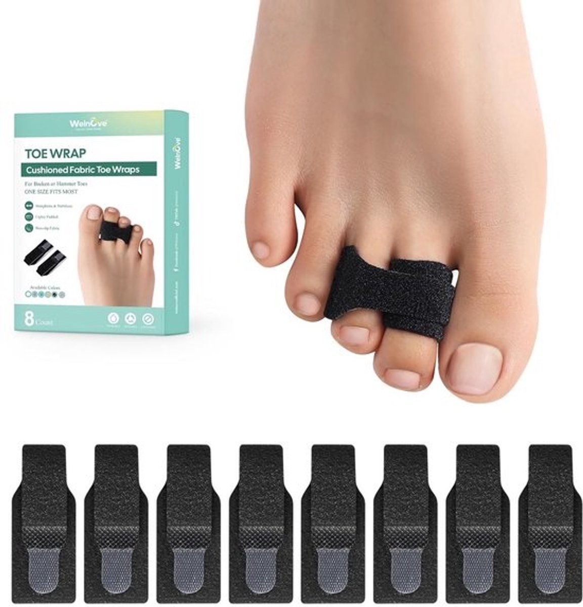 Hammer Teen Corrector Set van 8 - Tenenspreiders voor Overlappende en Gekromde Tenen - Large - Zwart