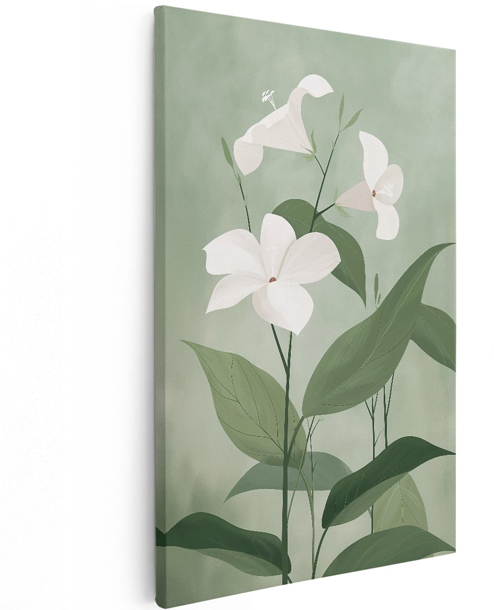 Artaza Canvas Schilderij Bloemen - 120x180 cm - Groot - Wanddecoratie Japandi - Muurdecoratie Witte Bloem - Decoratie Woonkamer Groen