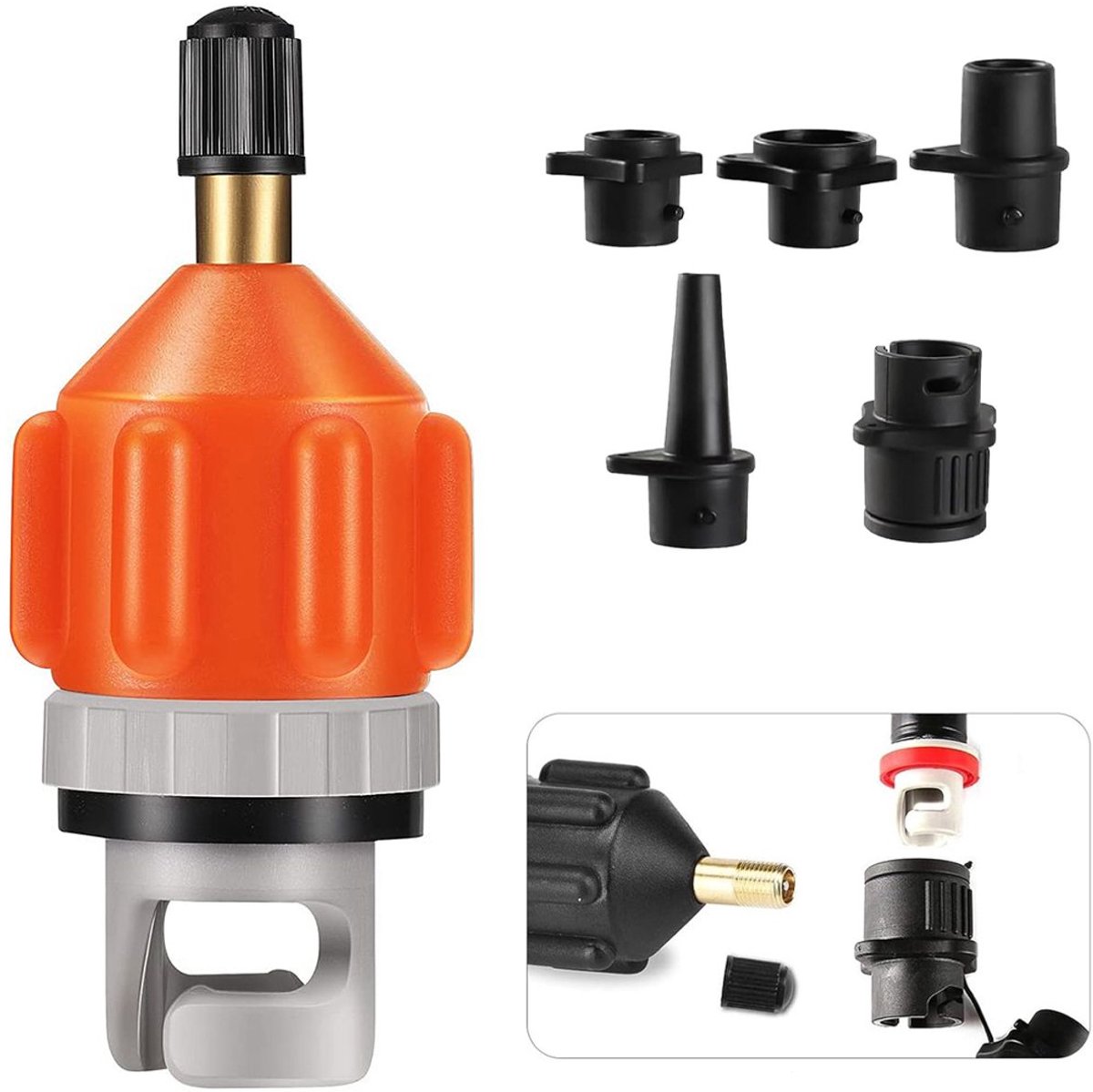 Best Active SUP Ventiel Adapter - Ventieladapter met 5 Opblaasmondstukken - Compressor Pomp Connector - Watersport Accessoires - Pompadapter voor SUP Board, Kajak en Opblaasboot - Oranje