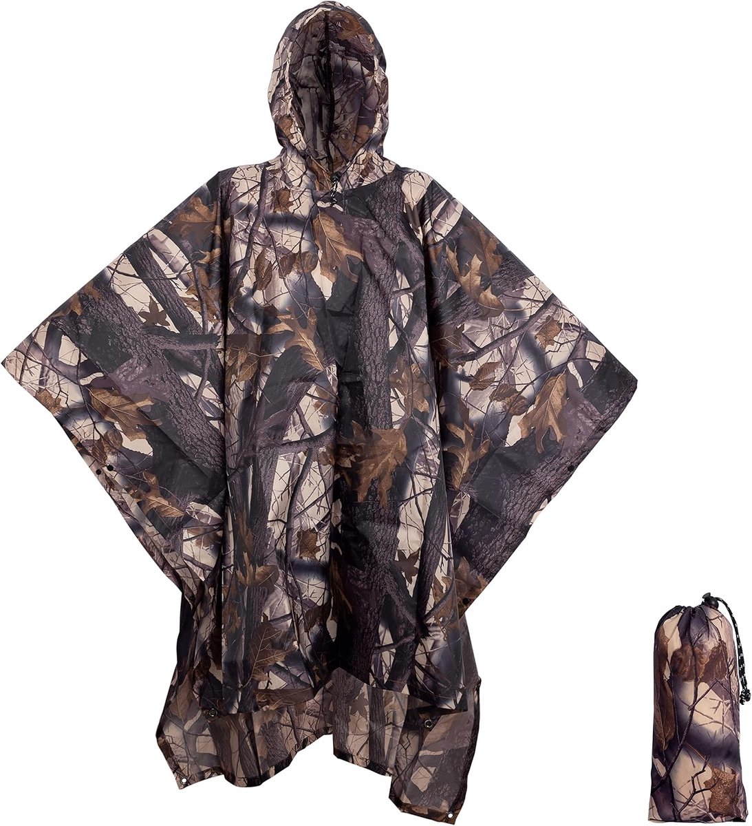 YAGXIG 3-in-1 Waterdichte Poncho - Multifunctionele Regenjas - Lichtgewicht en sneldrogend - Kan gebruikt worden als poncho, camouflagedoek of kampeermat - Geschikt voor wandelen, jagen, etc. - Bladcamouflagepatroon - One size fits all