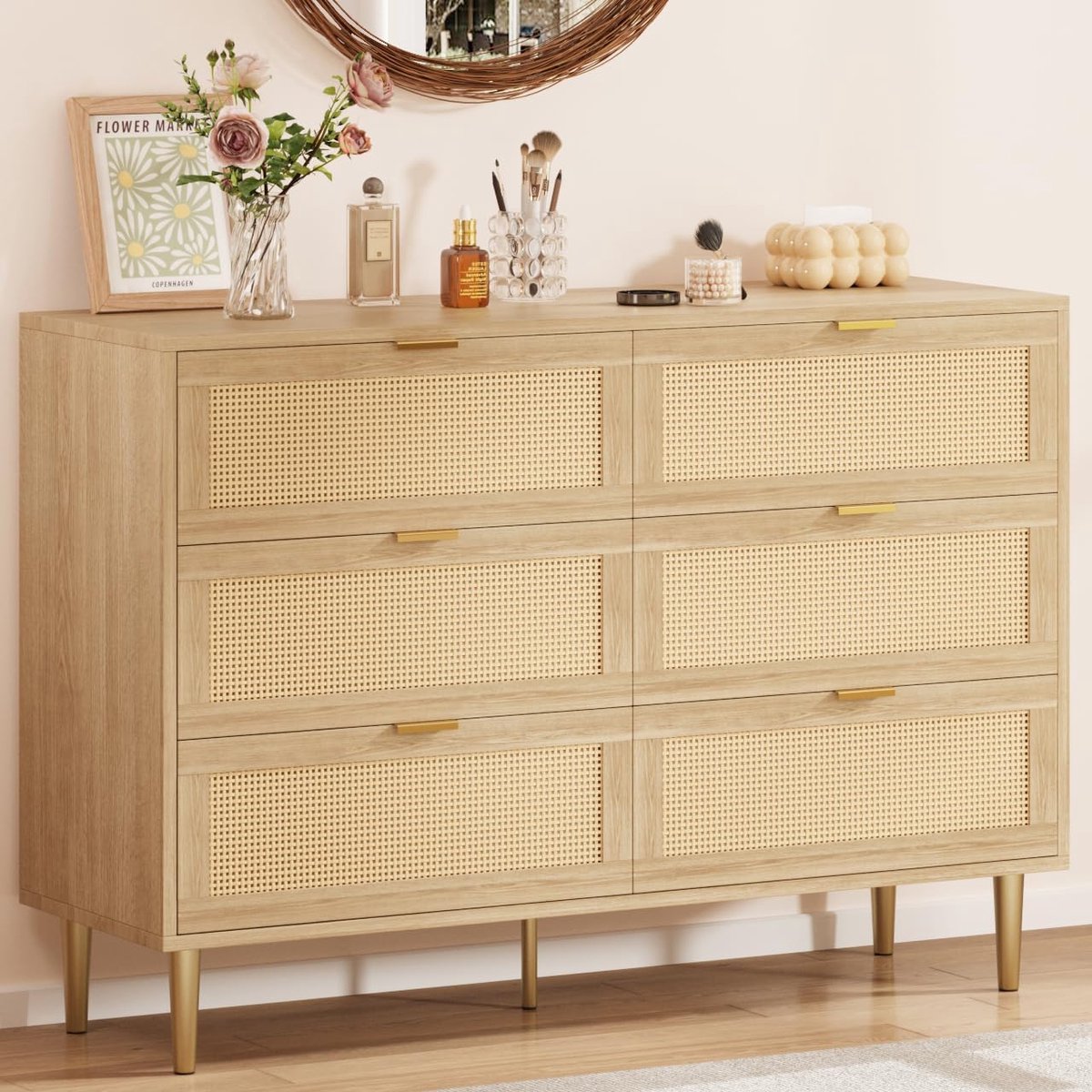 Ladekast met 6 Laden - Rotan Commode - Boho Stijl - Scandinavisch Design - Houtlook met Gouden Handgrepen en Poten - 120 cm Breed