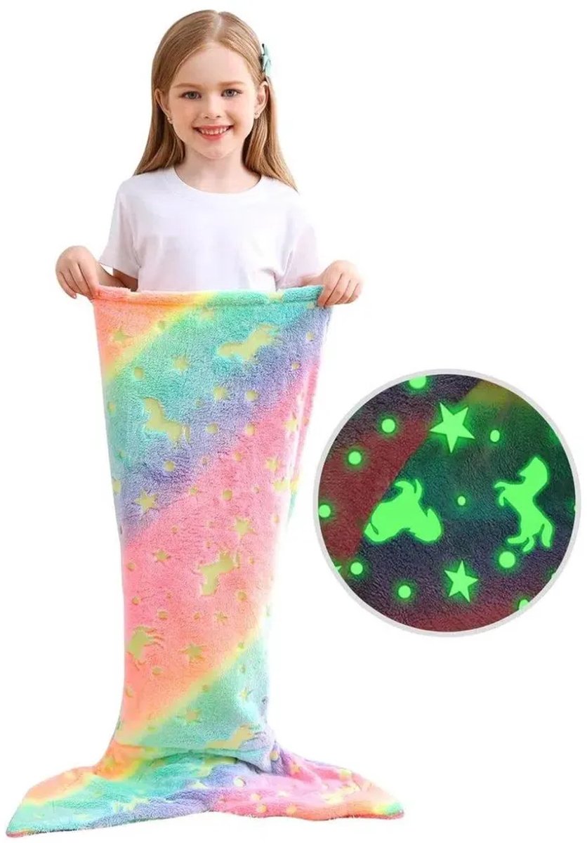 Casalora Kinder Lichtgevende Zeemeermin Staartdeken – Zacht Flanel – Slaapzak en Deken in Eén – 130-170 cm – Eenhoornpatroon