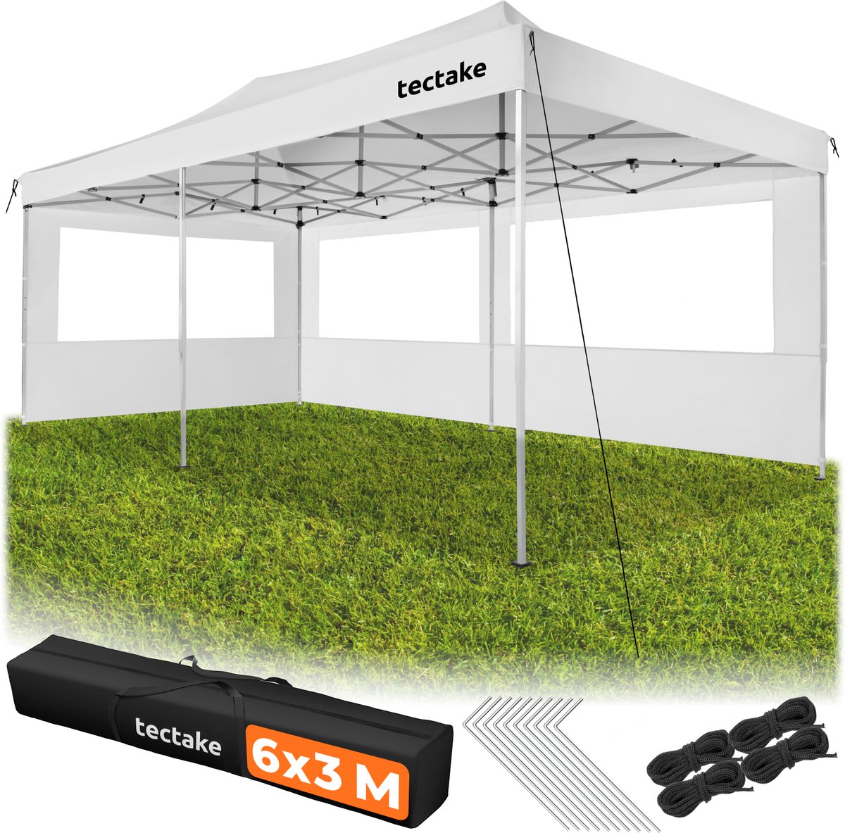 tectake® Vouwpaviljoen 3x6 m – Opvouwbare Partytent met Aluminium Frame – Tuinpaviljoen met 3 Zijpanelen en Kijkvensters – Waterdicht en UV-Bestendig – Inclusief Draagtas, Haringen en Scheerlijnen - Wit