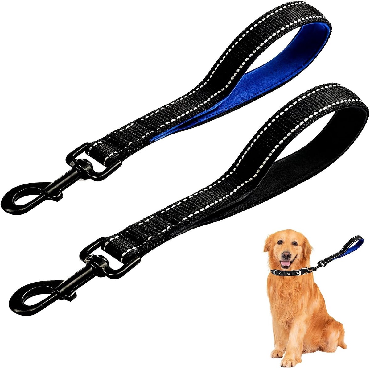 Korte hondenriem met gevoerde handgreep, reflecterende nylon trainingslijn voor grote en middelgrote honden, 2 stuks, 29,5 cm lengte, 2,5 cm breedte, ideaal voor wandelen en training