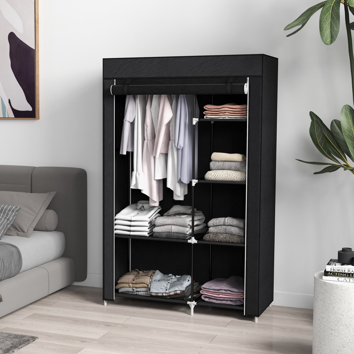 DESMIU Kledingkast Opvouwbaar Met 1 Hanggedeelte En 6 Vakken Voor Slaapkamer Berging En Wasruimte Van Stof En Staal Zwart 103x43x162,5 Cm