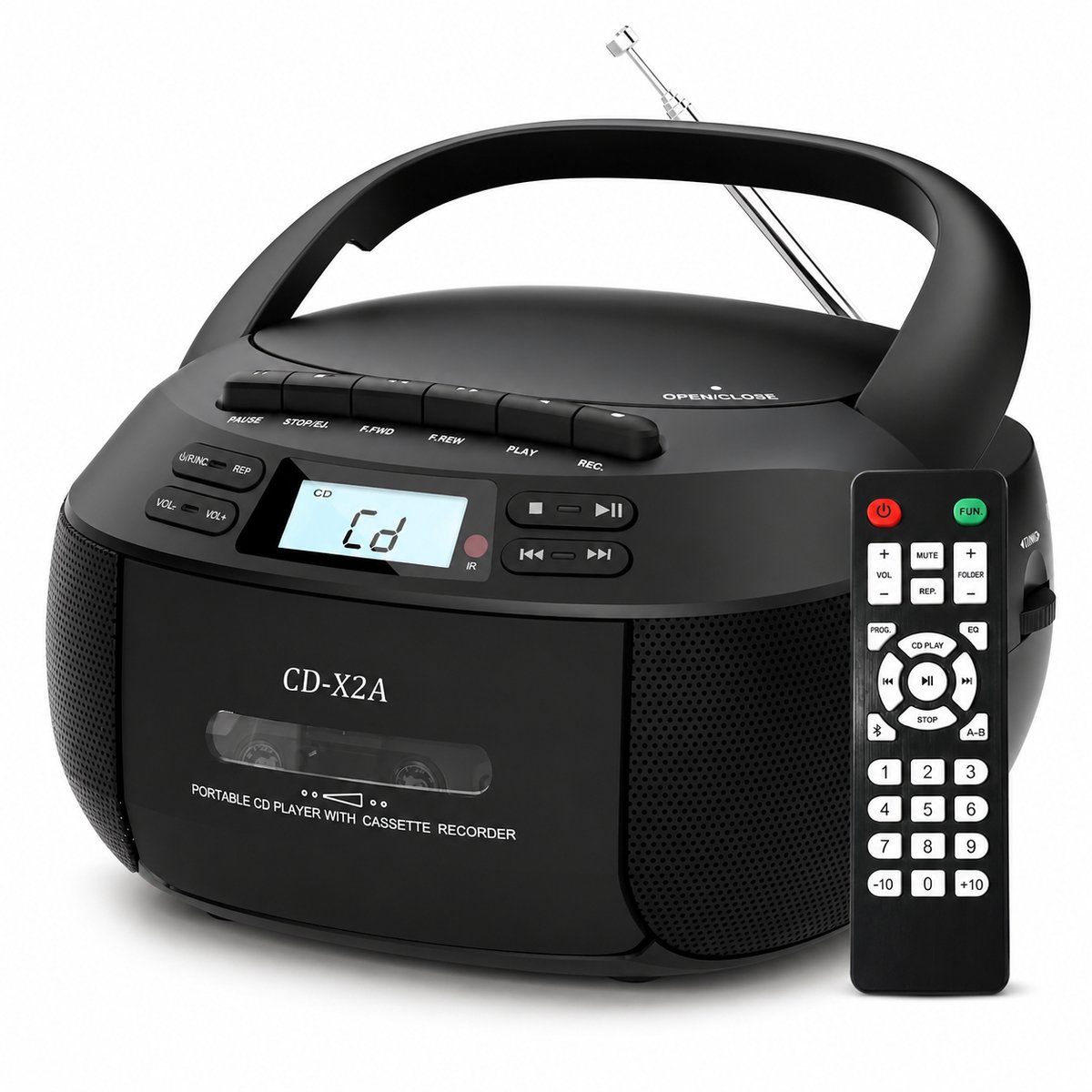 Bobypet - CD speler - Bluetooth boombox - Draagbare radio - twee krachtige luidsprekers - Cassettespeler - Draagbare luidspreker met afstandsbediening - Zwart