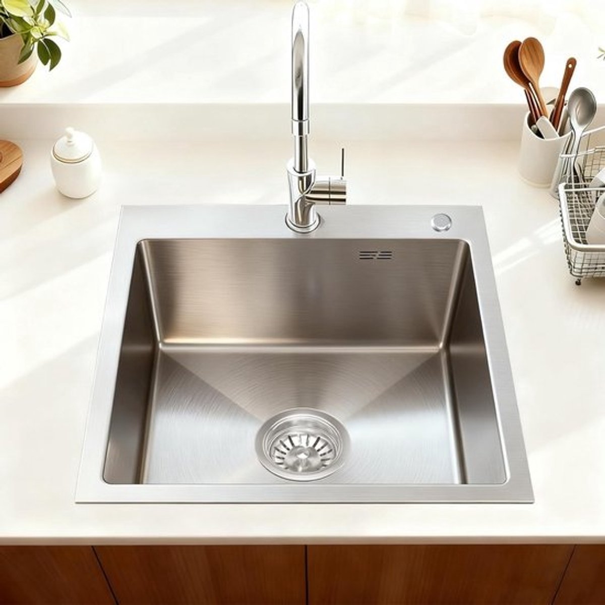 Ronde RVS Keukenspoelbak 48x48 cm Inclusief Zeepdispenser en Sifon Set