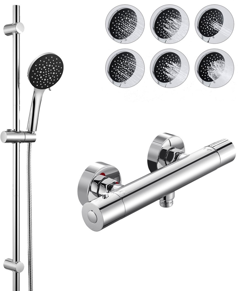 Auralum max Thermostatische Douchekraan - Doucheset - 15 cm Hartafstand - 90 cm Glijstangset - 6 Standen Douchekop - 150 cm Doucheslang - Inclusief koppelingen - Waterbesparend - Chroom