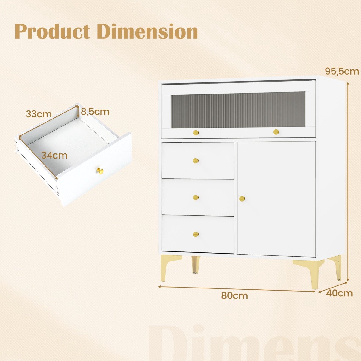 SureDeal® - Ladekast - Slaapkamerkast Moderne Opbergkast - Kantelbare Geribbelde Glazen - Schuifladen Gouden Metalen - 80x40x95,5 cm - Wit