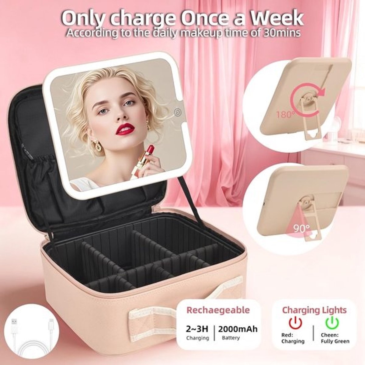 Draagbare Make-up Tas met Verstelbare LED Spiegel en Vakverdeling