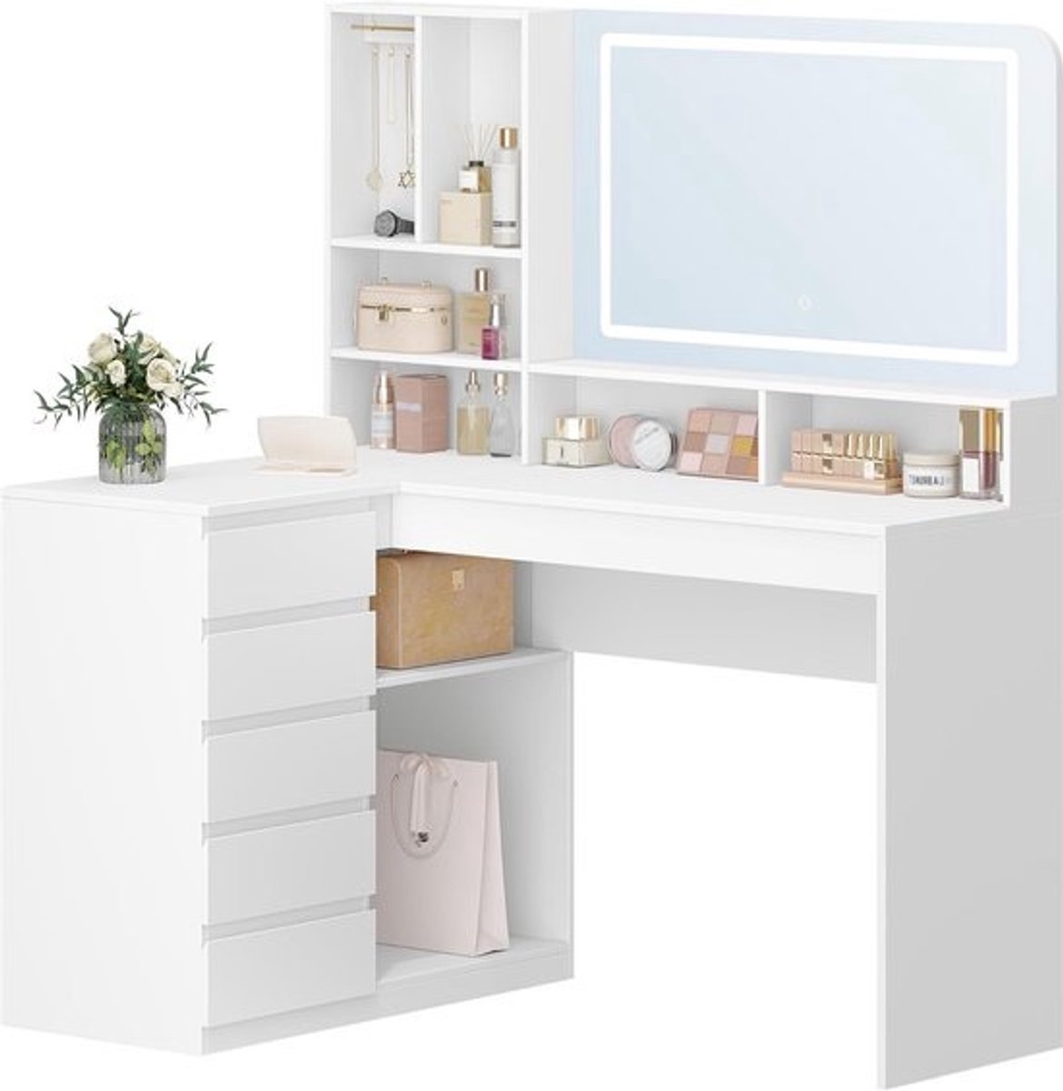 Kaptafel met Spiegel - Make-uptafel Schminktafel - Sieraden Opbergen - Verstelbare LED-Verlichting - 40x120x137.7cm - Wit
