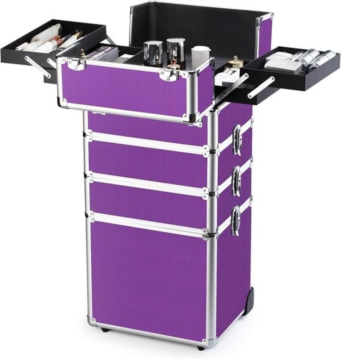 Professionele Make-up Trolley 4-Delige Reisaccessoire Koffer met Uitschuifbare Plates