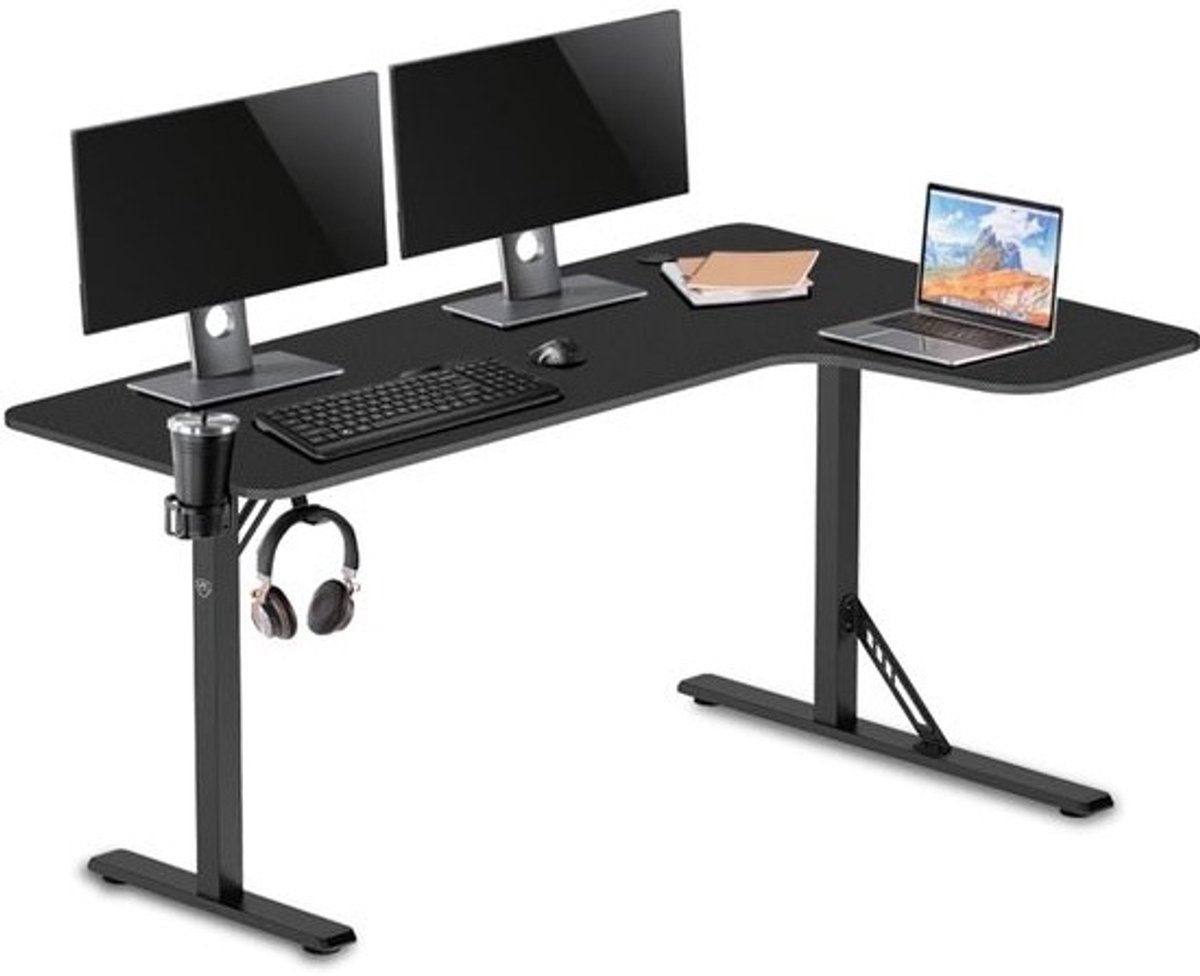 Groot L-vormig Gaming Bureau Hoektafel 160 cm met Bekerhouder en Koptelefoonhaak