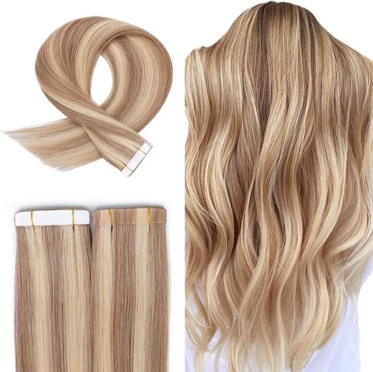 Echte Haar Tape-in Extensions Blond Balayage Glad Remy Haarverdichting 20 Stuks