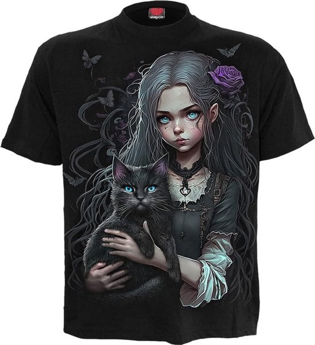 Zwart T-shirt met Grafische Opdruk - Kat, Heks, Biker Stijl