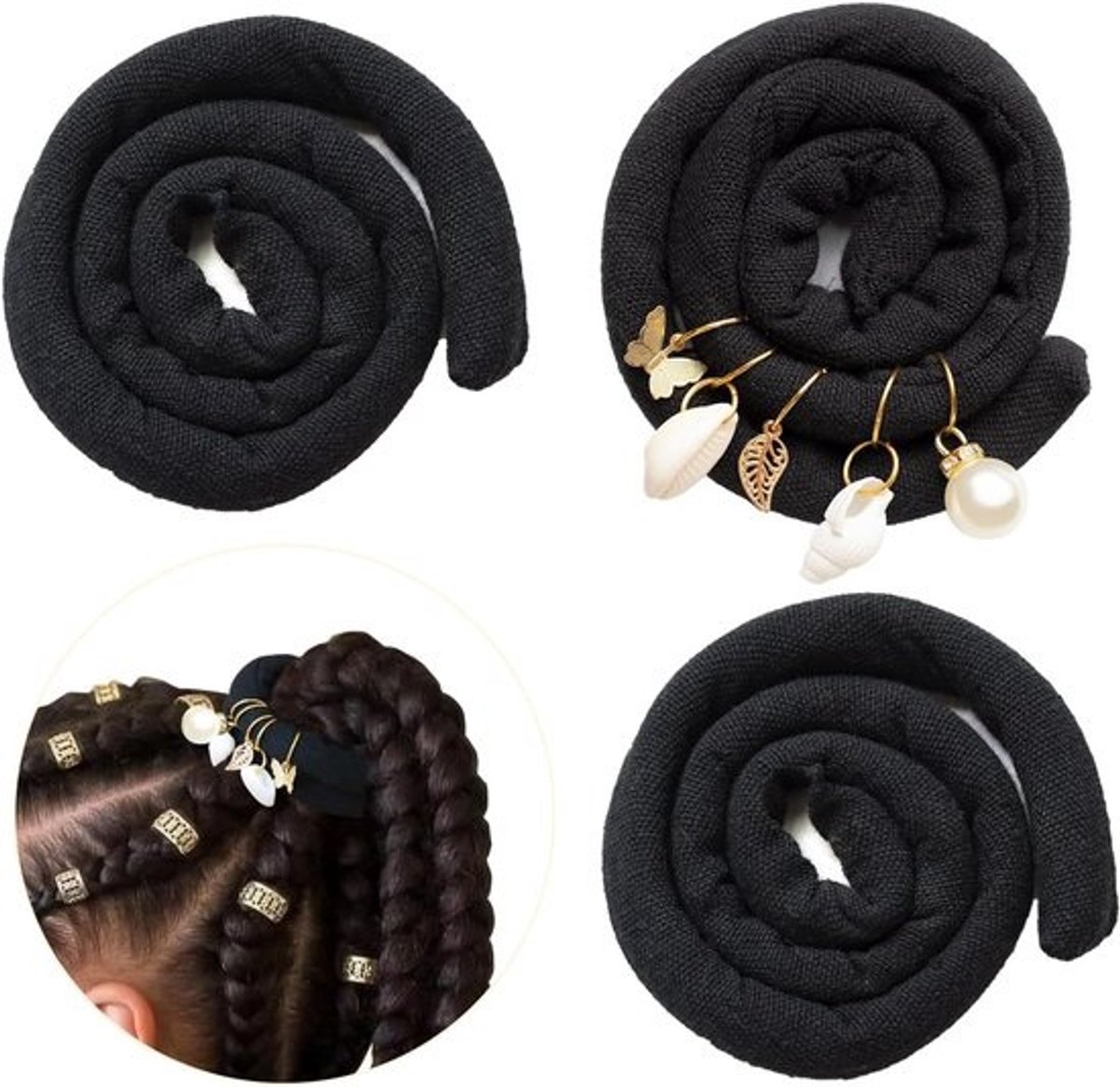 Set van 3 Zwarte Spiraal Haarelastieken voor Dreadlocks en Invlechten