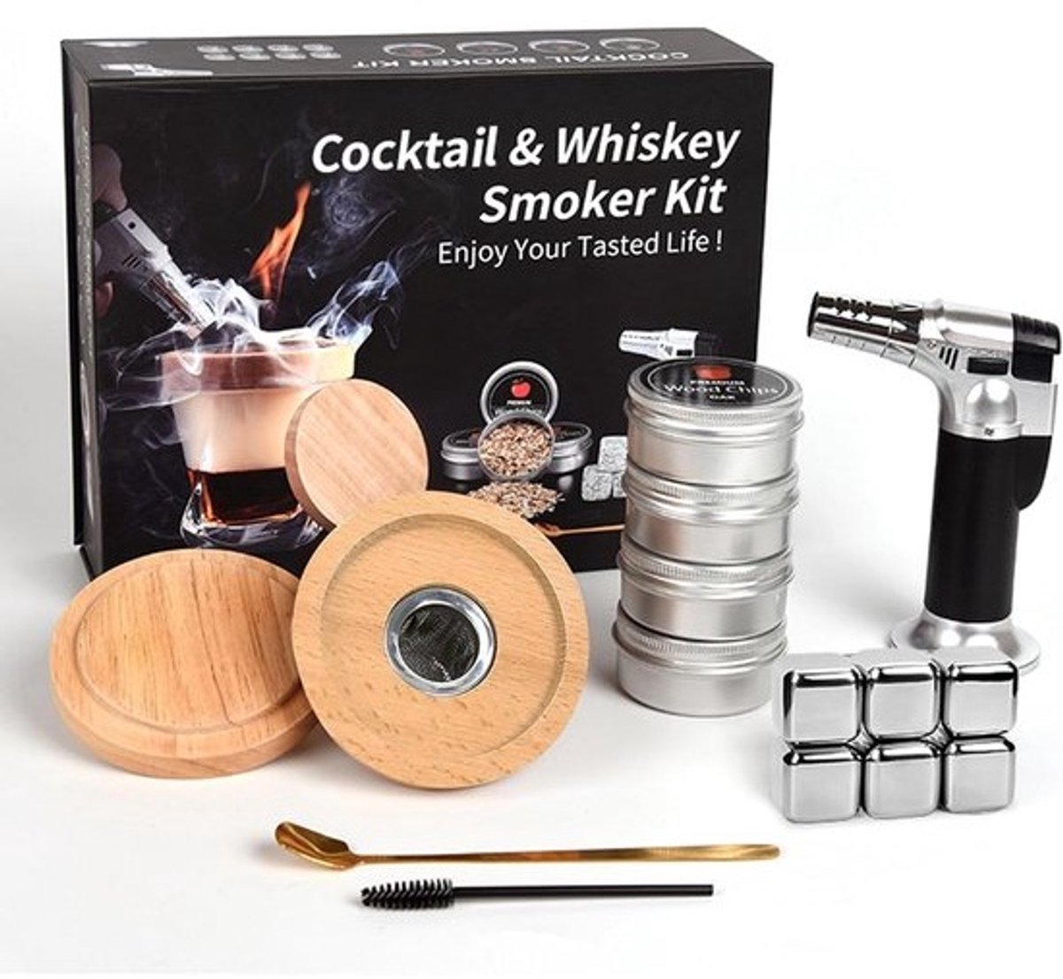 Cocktail Smoker Set RVS - Houten Rookchunks voor Whisky en Drankjes - Luxe Cadeau
